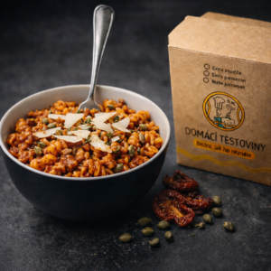 Čerstvé těstoviny s domácím pestem ze sušených rajčat s kapary a parmazánem