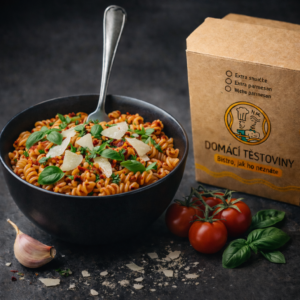 Čerstvé těstoviny s tomatovou omáčkou, čerstvou bazalkou a parmazánem