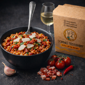 Čerstvé těstoviny Amatriciana z loupaných rajčat, pancetty, bílého vína, česneku a čerstvého chilli s parmazánem
